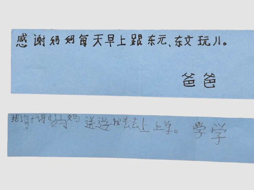 Two strips of blue paper containing hand written messages in Chinese. The first, written in dark black pen, reads 感谢妈妈每天早上跟东元、东文玩儿。爸爸。 The text on the second strip is written in pencil and is less legible but shows signs of well-formed characters.