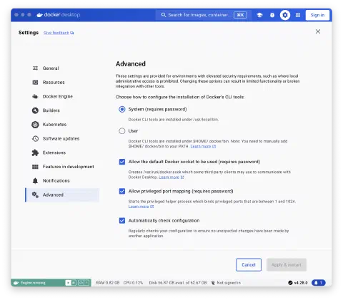 Screenshot showing the advanced settings screen for Docker Desktop on the Mac. The Allow the default Docker socket to be used (requires password) setting was disabled.
