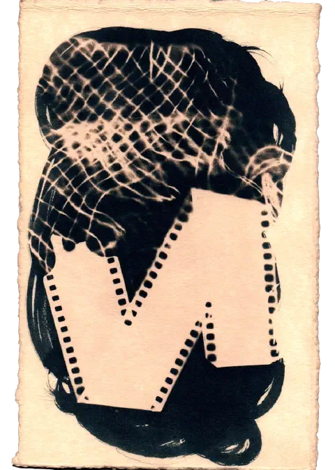 A roll of film on some netting, printed under the sun, stained with black tea. The details around the overlapping negative were visible before washing the image.