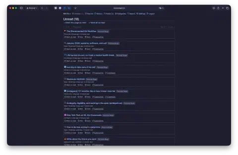 A screenshot of the Miniflux self-hosted RSS reader using a custom theme.