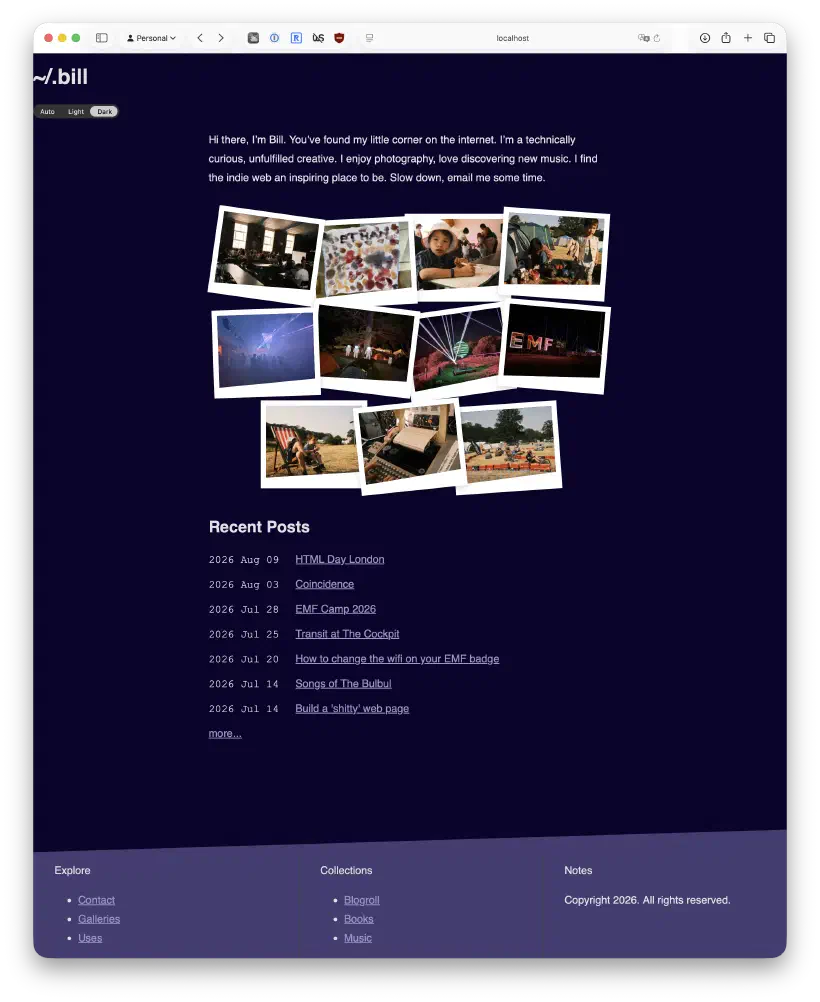 Screenshot of an earlier draft theme for this site in dark mode. The screenshot shows some introductory text, followed by a scattered array of photos and then a post listing. A slanted dividing line separates the main content from a purple footer.