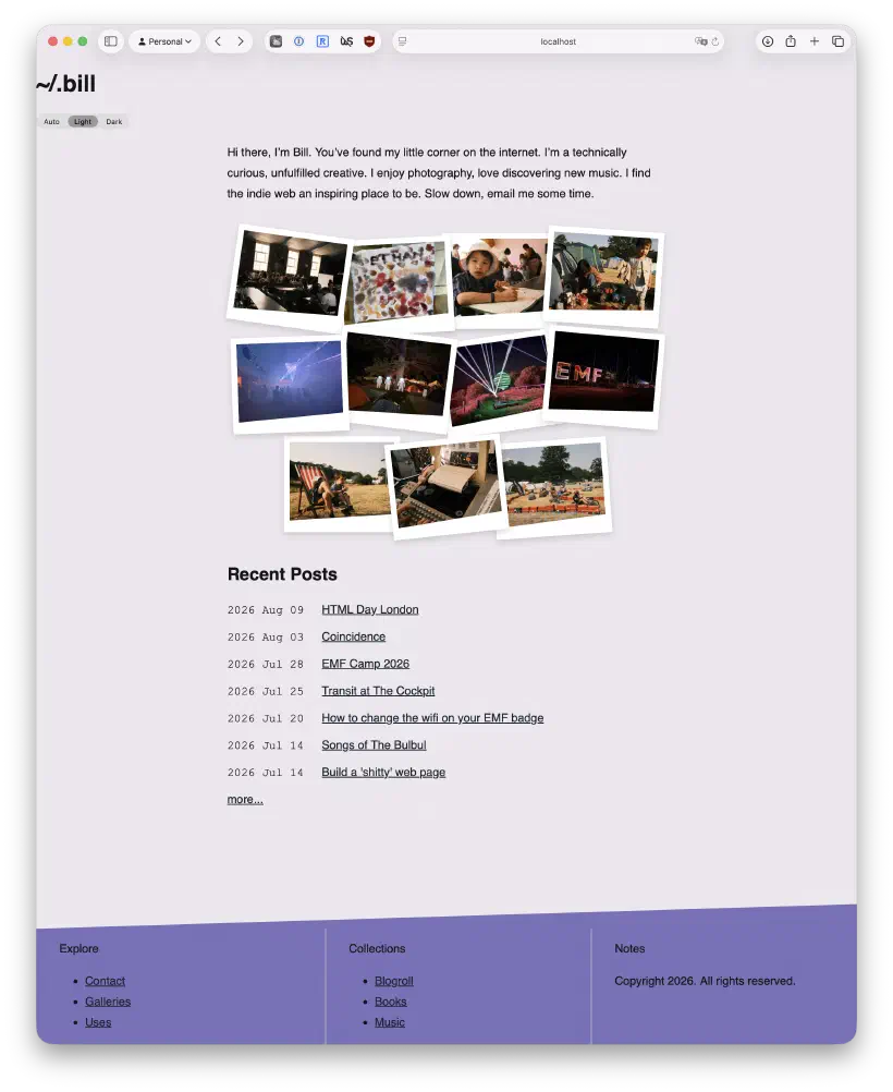 Screenshot of an earlier draft theme for this site in light mode. The screenshot shows some introductory text, followed by a scattered array of photos and then a post listing. A slanted dividing line separates the main content from a purple footer.