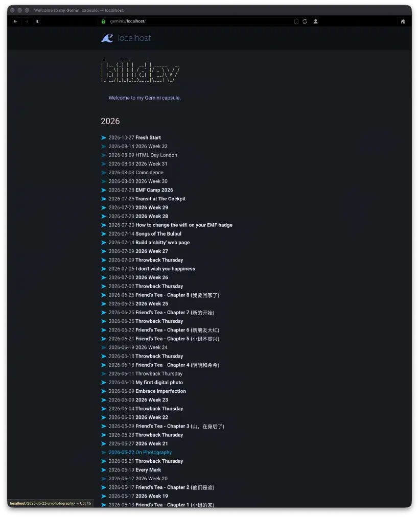 A screenshot of this blog showing the main homepage in the Lagrange Gemini client.