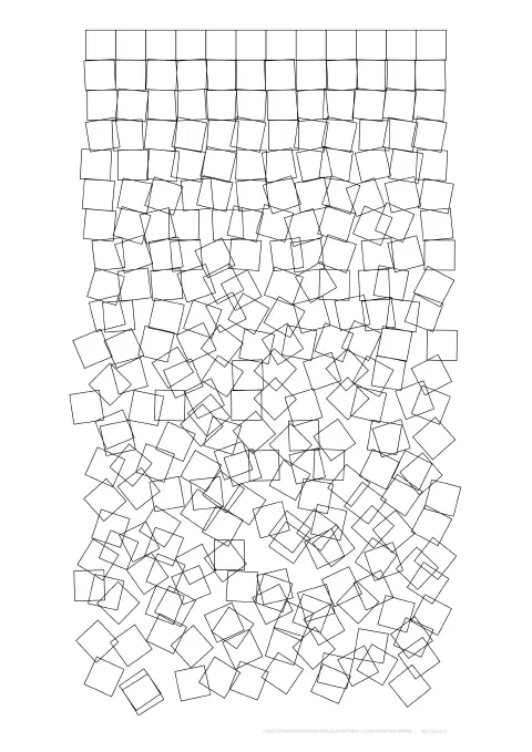 An algorithmically generated artwork made up of a grid of adjacent squares extending down the image. The squares have a black outline on a white background. The top row of squares is perfectly aligned but as you move down the page, each square is offset and rotated by an increasing amount. The rotation of these squares has now been reduced resulting in an image very similar to that at the start of the post.