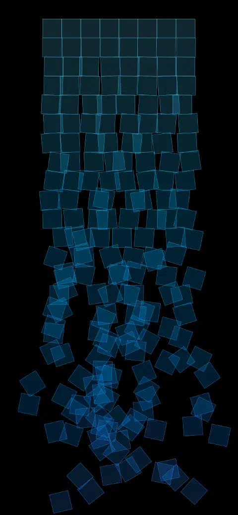 An algorithmically generated artwork made up of a grid of adjacent squares extending down the image. The squares start of turquoise but fade through to blue as they move down the image. The background is translucent and so overlapping squares result in a stronger colour. The top row of squares is perfectly aligned but as you move down the page, each square is offset and rotated by an increasing amount.