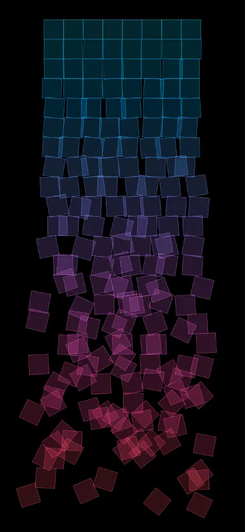 An algorithmically generated artwork made up of a grid of adjacent squares extending down the image. The squares start of turquoise but fade through pink to red as they move down the image. The background is translucent and so overlapping squares result in a stronger colour. The top row of squares is perfectly aligned but as you move down the page, each square is offset and rotated by an increasing amount.