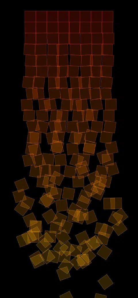 An algorithmically generated artwork made up of a grid of adjacent squares extending down the image. The squares start of red but fade through to yellow as they move down the image. The background is translucent and so overlapping squares result in a stronger colour. The top row of squares is perfectly aligned but as you move down the page, each square is offset and rotated by an increasing amount.