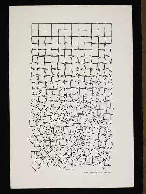 A photo of an artwork that is algorithmically generated. The artwork in portrait view is a grid of adjacent squares covering the paper. The top row of squares is perfectly aligned but as you move down the page, each square is offset and rotated by an increasing amount. By the time you reach the bottom row there is no alignment at all.
