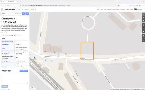 Screenshot of the OpenStreetMap editor showing that my changes were successfully submitted.