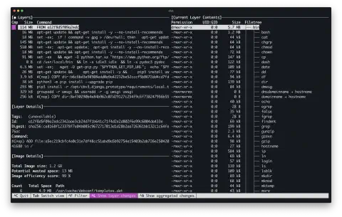 A screenshot of a terminal application. The window is split into multiple panes. The right half shows a directory structure. The left half is split vertically into three panes; the first shows the layers in a container image, the second shows details for the selected layer, the third shows details of the image. The user has selected the top layer in the stack.