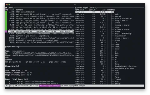 A screenshot of a terminal application. The window is split into multiple panes. The right half shows a directory structure. The left half is split vertically into three panes; the first shows the layers in a container image, the second shows details for the selected layer, the third shows details of the image. The user has selected one of the middle layers in the stack.