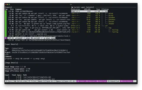 A screenshot of a terminal application. The window is split into multiple panes. The right half shows a directory structure. The left half is split vertically into three panes; the first shows the layers in a container image, the second shows details for the selected layer, the third shows details of the image. The user has filtered the directory listing to only show files modified in the selected image layer.