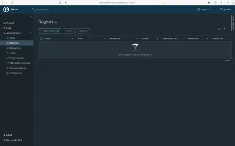 A screenshot of the 'Registries' screen in the Harbor UI. In this screenshot, no external registries are configured.