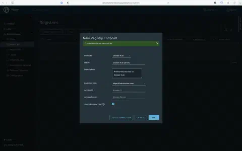 A screenshot of the 'New Registry Endpoint' dialog in Harbor. The dialog prompts the user to enter confugration details for a Docker Hub registry including; Name, Description, Endpoint URL, Access ID, Access Secret, and an option to verify the remote certificate.
