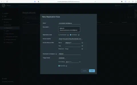 A screenshot of the 'New Replication Rule' dialog in Harbor. The dialog prompts the user to enter confugration details for a Replication Rule including; Name, Description, Replication Mode, Source Resource Filter, Destination Namespace, and Trigger Mode.