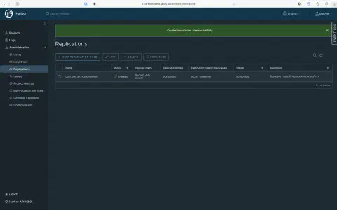 A screenshot of the 'Replications' screen in the Harbor UI. In this screenshot, one replication rule is configured.
