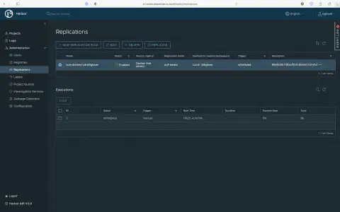 A screenshot of the 'Replications' screen in the Harbor UI. In this screenshot, you can see that replication is in progress.