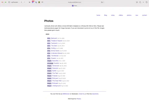 This screenshot shows the standard 'list' page of a blog listing text based headings for all of the photos in the photos category. Although each photo has been given a title, the photos themselves are not displayed as part of the listing.