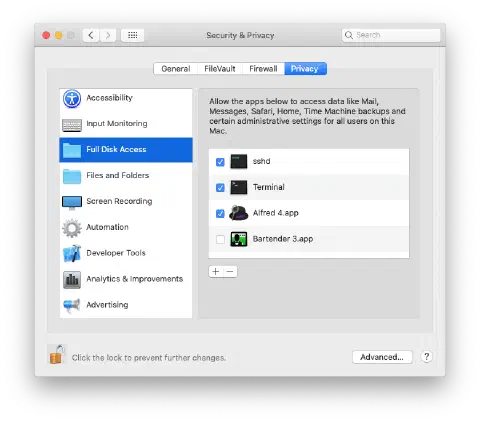A screenshot of the Mac OS Security & Privacy settings screen showing the status of the Full Disk Access permission for the Terminal application. In this screenshot, the Terminal does have Full Disk Access.
