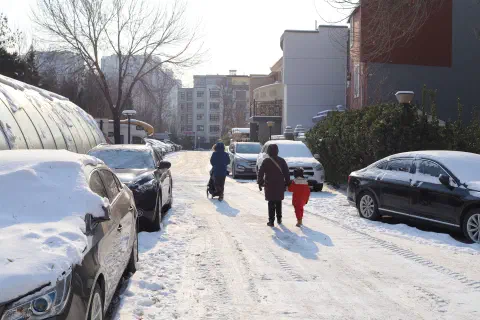 Three people walk along a snow covered road between parked cars. The person in front is pushing a buggy.