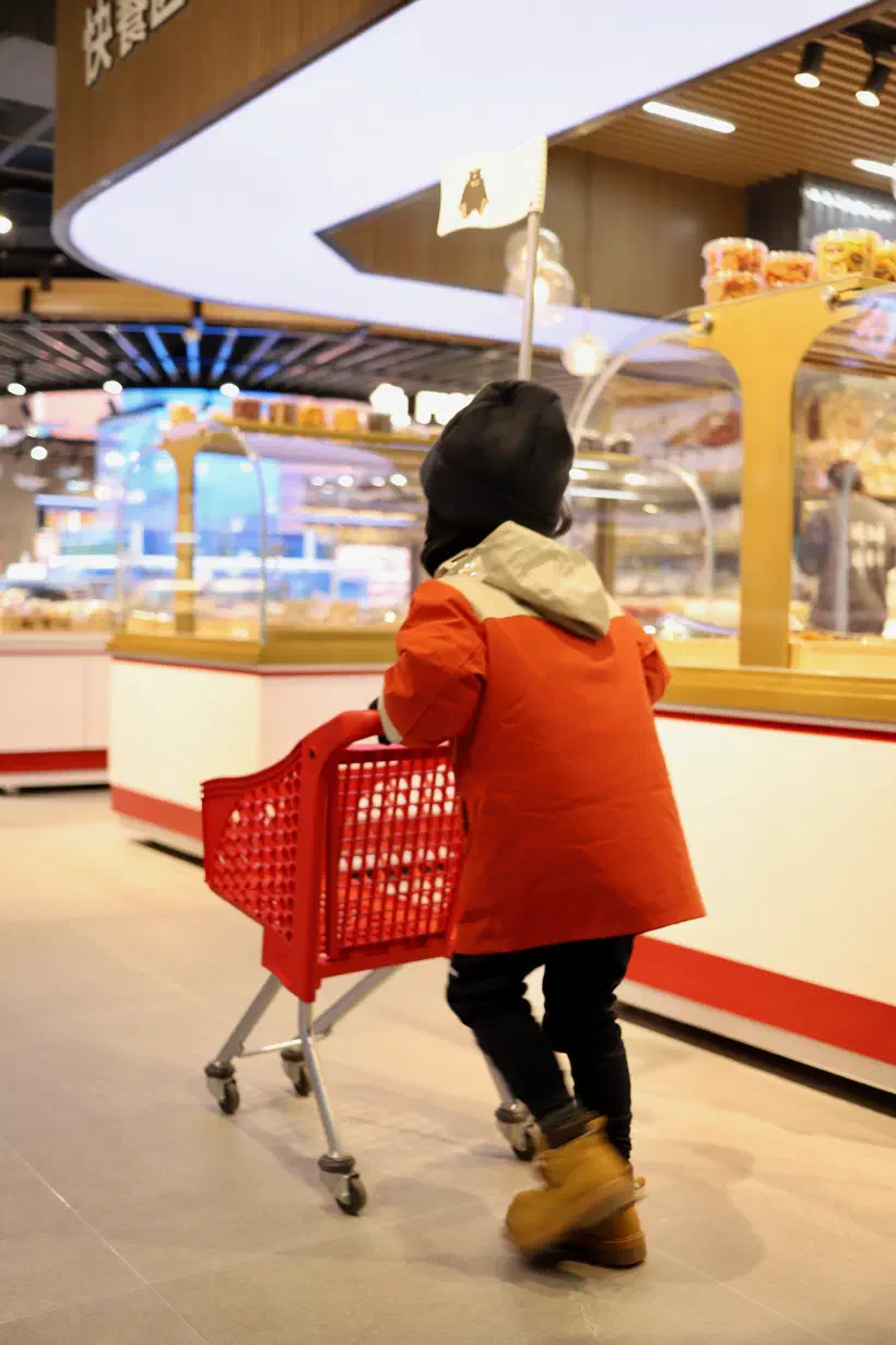 A child pushes a small supermarket trolley.
