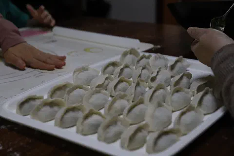 A tray of freshly made Chinese dumplings. In front of the tray a person's hand can be seen pressing out a dumpling skin.