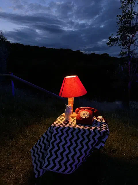 In a dark field, a small square table is covered with a blue and white striped table cloth. On the table stands a red telephone and a white owl. The scene is lit by a small round lamp at the back of the table.