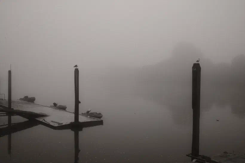 A black and white photo in dense fog. The photo shows a river, with a jetty in the foreground. Through the fog the outline of trees can be seen on the far bank.