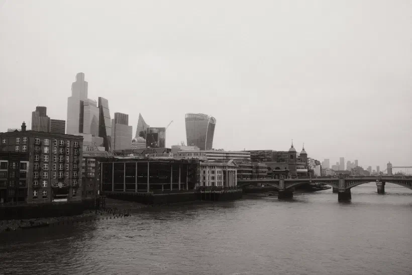 A view east over London from Millennium Bridge. In the distance you can see London Bridge and Tower Bridge.