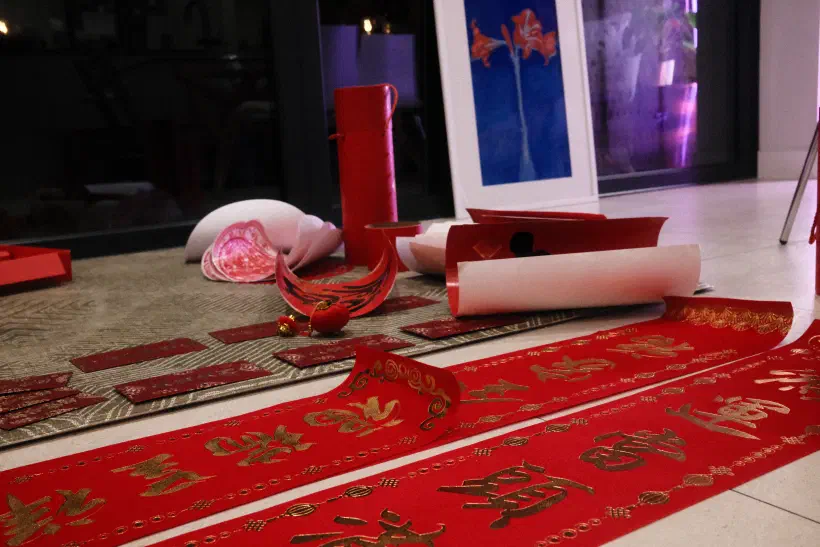 Chinese New Year decorations laid out on the floor