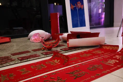 Chinese New Year decorations laid out on the floor