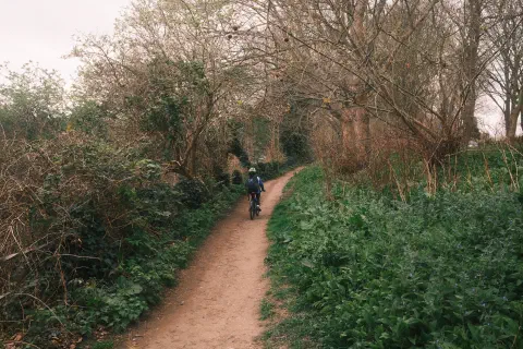 a boy cycles off along a dirt track, bushes either side of the trail
