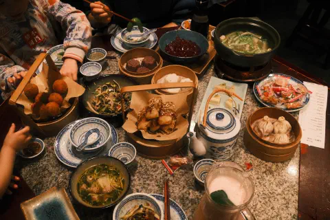 looking down on a table full of food