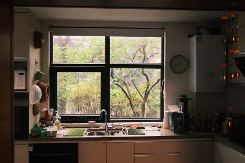looking out over the kitchen sink to the yard outside