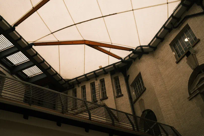 looking up to the canvas roof above the courtyard at County Hall in London