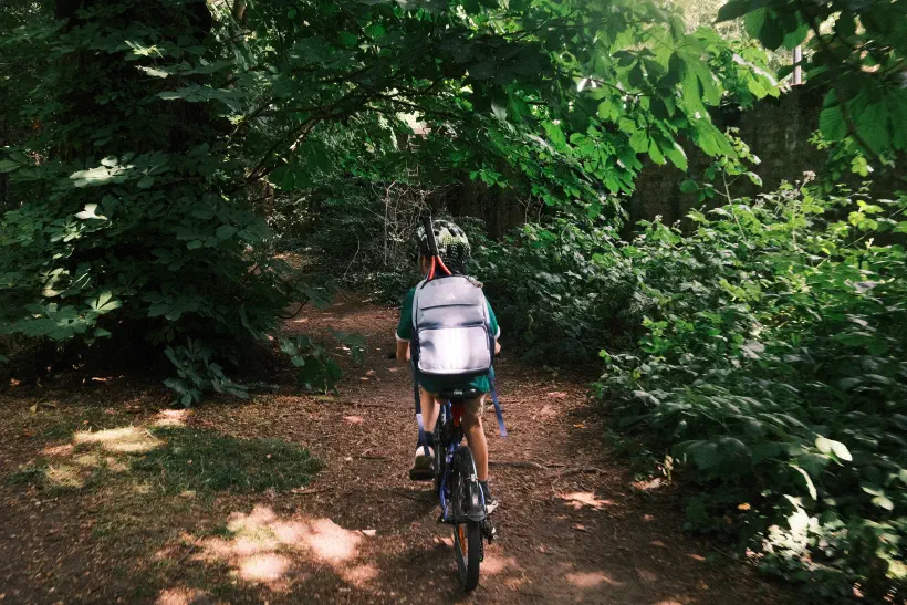a boy cycles along a wooded trail on his bike