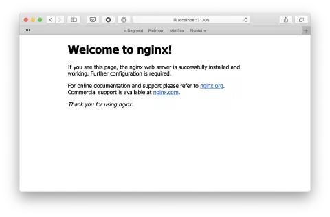 A screenshot of a browser showing the default 'Welcome to nginx screen'. The screen includes some text explaining that this is a default screen and what to do to publish content. The presence of this screen is seen as a success when demonstrating that the container is running. The significance of this screenshot is that the browser address bar indicates that this page was served over HTTPS.