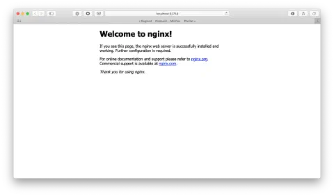 A screenshot of a browser showing the default 'Welcome to nginx screen'. The screen includes some text explaining that this is a default screen and what to do to publish content. The presence of this screen is seen as a success when demonstrating that the container is running.
