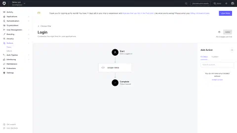 Screenshot of the Auth0 login flow configuration screen showing a custom role between 'start' and 'complete'