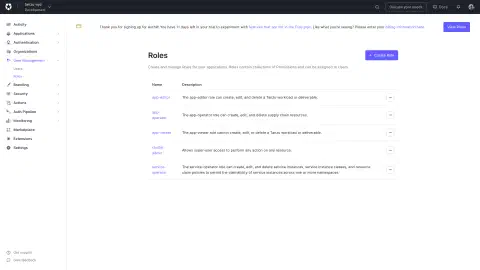 Screenshot showing TAP default roles listed in the Auth0 configuration screen. These include; app-editor, app-operator, app-viewer, service-operator, and cluster-admin.