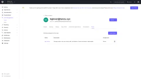 Screenshot showing the Auth0 user configuration page for mapping a user to a role